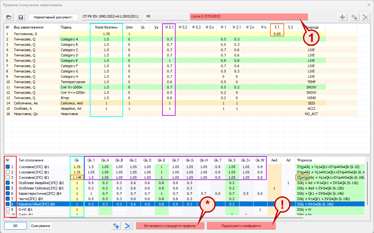 СП РК EN 1990_2002A1_2005_2011_РСН у LIRA-CAD (правила сполучення) Рис. 9. СП РК EN 1990_2002+A1_2005_2011_РСН у LIRA-CAD (правила сполучення)