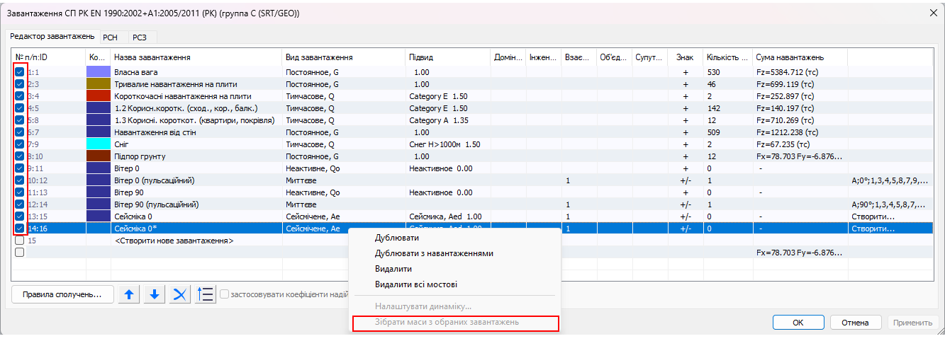 Комбінації РСН для особливих сполучень (LIRA-CAD) Рис. 13. Комбінації РСН для особливих сполучень (LIRA-CAD)